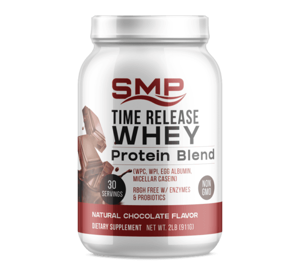 Time Release Whey Protein Blend 2 Lb (911.4 g) Bottle (WPC, WPI, Egg Albumin, Micellar Casein) rBGH Free W/ Enzymes & Probiotics – Natural Chocolate Flavor – Non-GMO