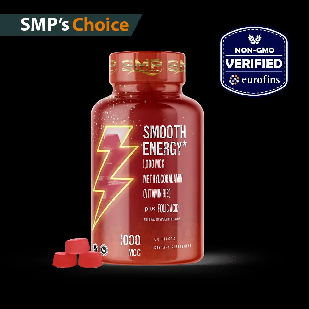 Smooth Energy Gummies W/ 1,000mcg Methylcobalamin (Vitamin B12) + Folic Acid – Natural Raspberry Flavor – Gelatin-Free Adults & Kids – Vegan-Friendly