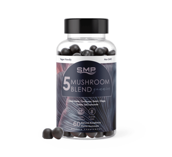 5 Mushroom Blend Gummy – Lions Mane, Cordyceps, Reishi, Chaga, Turkey Tail – Natural Raspberry Flavor  – Gluten Free - Non-GMO – Vegan Friendly