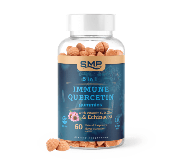 5 In 1 Immune Quercetin Gummy + Vitamin C, D, Echinacea & Zinc – Natural Raspberry Flavor – Gluten Free – Non-GMO – Vegetarian Friendly