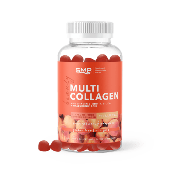 Beauty Multi Collagen Gummies + Vitamin C, Biotin, Silica & Hyaluronic Acid ! – Natural Peach Flavor – Gluten Free - Non-GMO