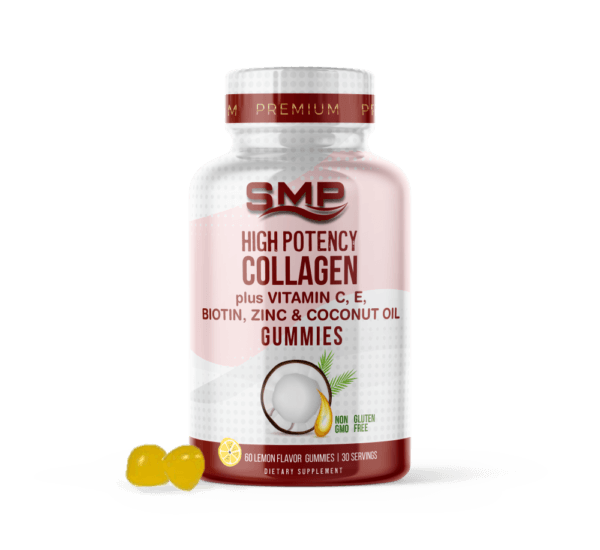High Potency Collagen Gummies + Vitamin C, E, Biotin Zinc, & Coconut Oil – Tapioca Base – Natural Lemon Flavor & Colors – Gum Drop Shape- 2.5g