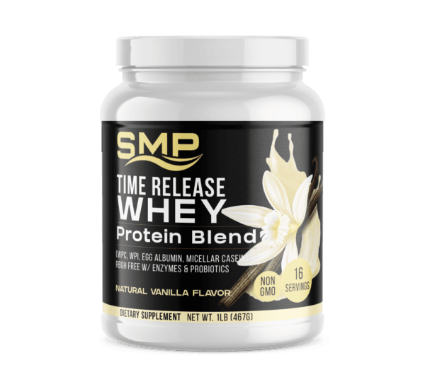 Time Release Whey Protein Blend 1 Lb Bottle (458.368 g) (WPC, WPI, Egg Albumin, Micellar Casein) rBGH Free W/ Enzymes & Probiotics – Natural Vanilla Flavor – Non-GMO