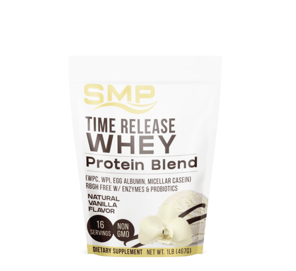 Time Release Whey Protein Blend 1Lb Bag (WPC, WPI, Egg Albumin, Micellar Casein) rBGH Free W/ Enzymes & Probiotics – Natural Vanilla Flavor – Non-GMO
