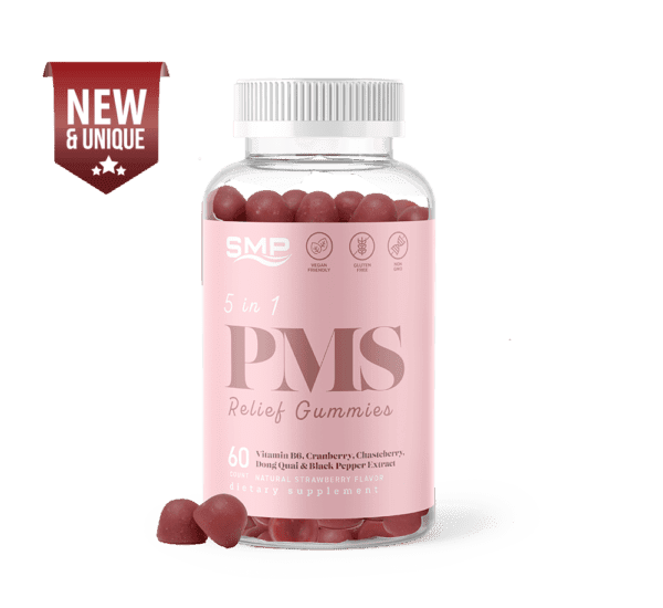5 In 1 PMS Relief Gummy - Vitamin B6, Cranberry, Chasteberry, Black Pepper & Dong Quai - Natural Strawberry Flavor
