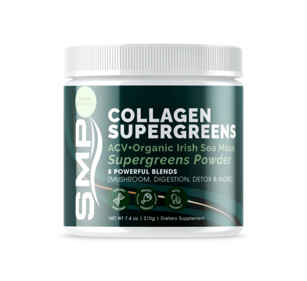 Collagen Super Greens ACV + Organic Irish Sea Moss Green Superfood Powder 210 g W/ 8 Powerful Blends (Mushrooms, Digestion, Detox & More) – Premium Quality Protein - Natural Mixed Berry Tea Flavor – Non-GMO – Gluten Free