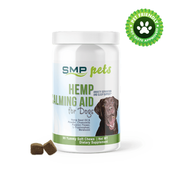calming aid w hemp seed oil powder for dogs chamomile thiamine b1 passion flower ginger l tryptophan melatonin anxiety separation relief sleep support soft chews in a bag
