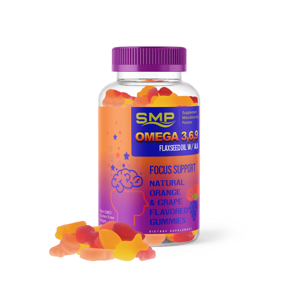 Kids Omega 3,6,9 Gummies – Teen & Child Focus Support – Flaxseed Oil W/ ALA – Natural Orange & Grape Flavor & Color – Non-GMO – Gluten-Free – Vegan