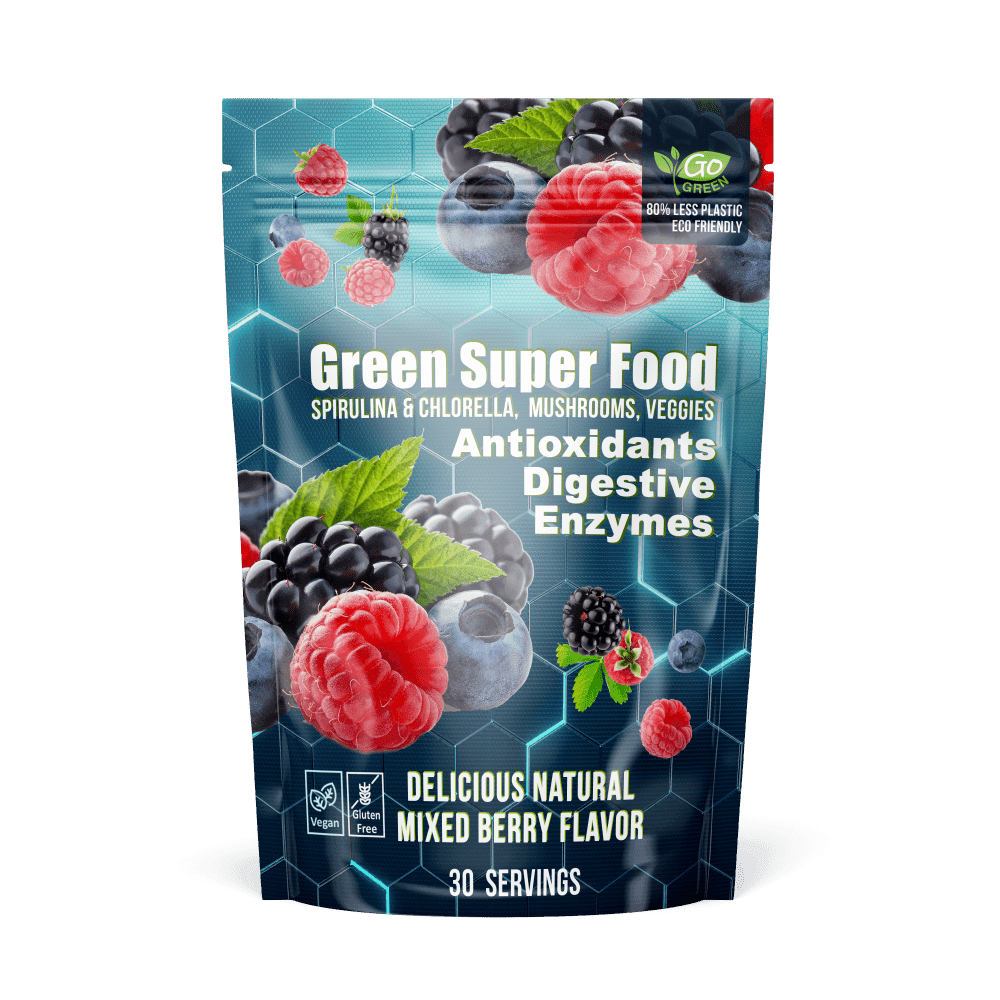 Green Super Food Powder – Spirulina & Chlorella, Antioxidants, Mushrooms, Veggies, Digestive Enzymes & Probiotics - 30 Srv. – Natural Mixed Berry Flavor - Non-GMO - Vegan Friendly
