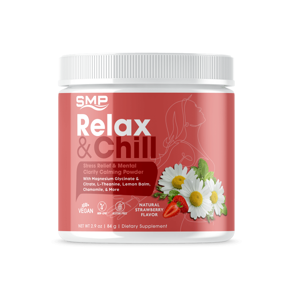 Relax & Chill Stress Relief & Mental Clarity Calming Powder W/ Magnesium Glycinate & Citrate, L-Theanine, Lemon Balm, Chamomile, & More ! Natural Strawberry Flavor – Non-GMO – Gluten Free – Vegan Friendly