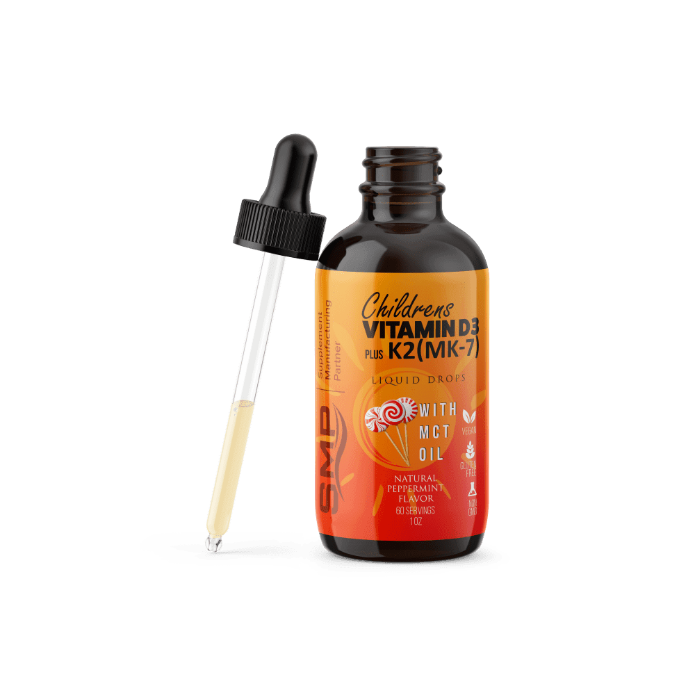 Kids 4+ Vitamin D3 + K2 (MK-7) Liquid Drops with MCT Oil -  Natural Peppermint Flavor - 60 servings 1oz – Vegetarian – Non-GMO – Gluten-Free