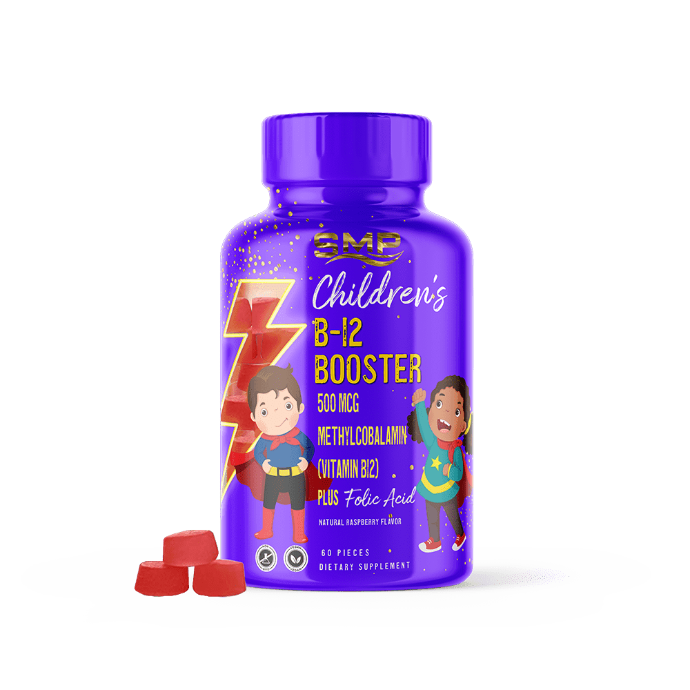 Kids B-12 Booster Gummies W/ 500mcg Methylcobalamin (Vitamin B12) + Folic Acid – Natural Raspberry Flavor – Gelatin-Free – Vegan-Friendly