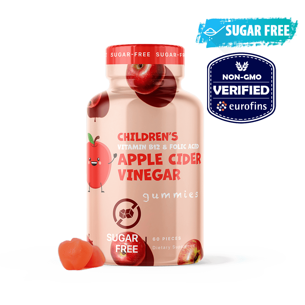 Kids Apple Cider Vinegar (ACV) 375mg + Folic Acid & Vitamin B12 + Beet Juice & Pomegranate Juice – Sugar Free – Non-GMO – Gluten Free