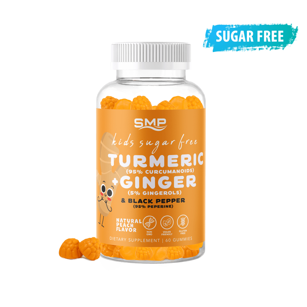 Kids Sugar Free Turmeric (95% Curcuminoids) + Ginger (5% Gingerols) & Black Pepper (95% Piperine) Gummies – Natural Peach Flavor – Non-GMO – Gluten-Free – Vegan
