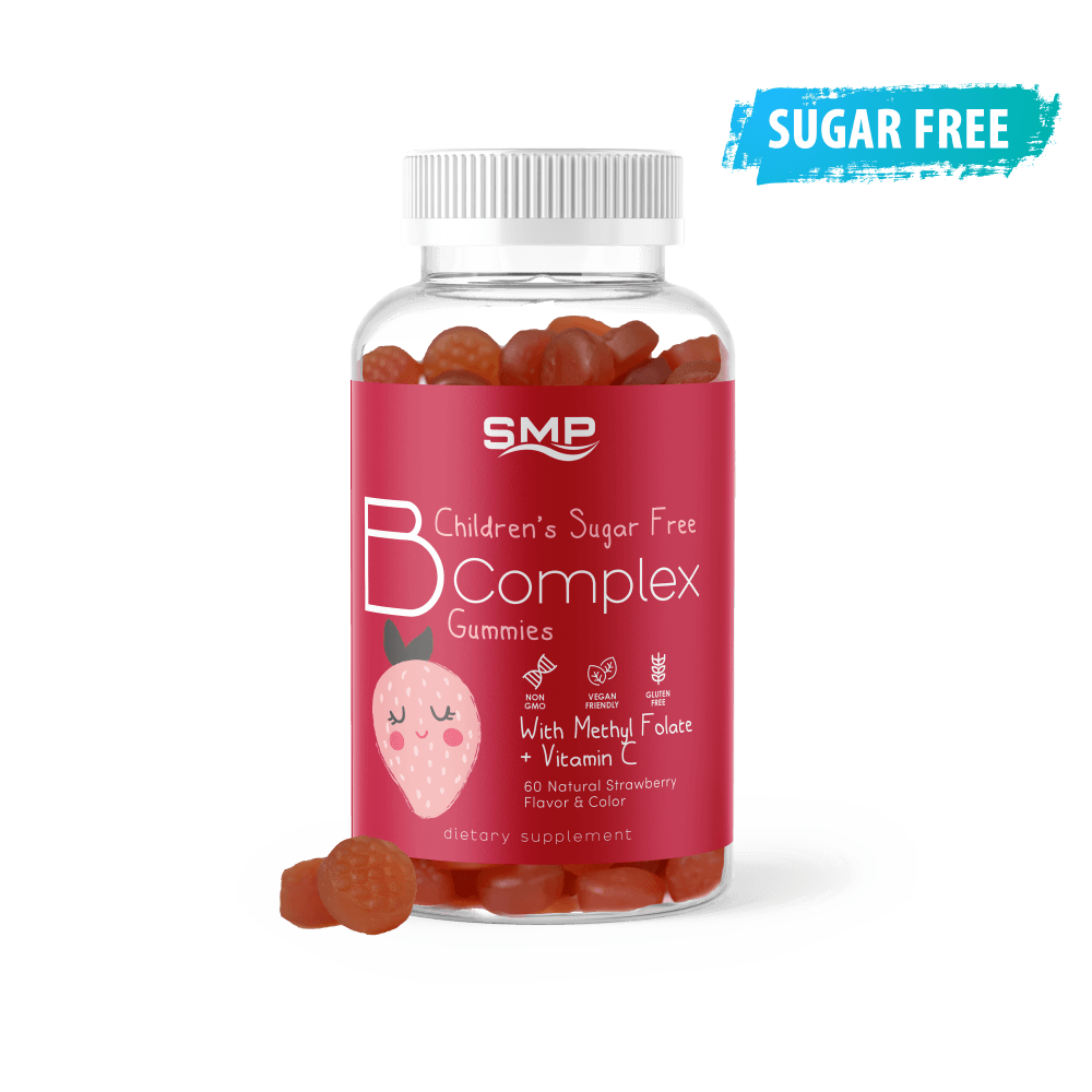 Kids Sugar Free B-Complex Multivitamin Gummies W/ Methyl Folate + Vitamin C – Natural Strawberry Flavor & Color – Non-GMO – Gluten Free - Vegan Friendly
