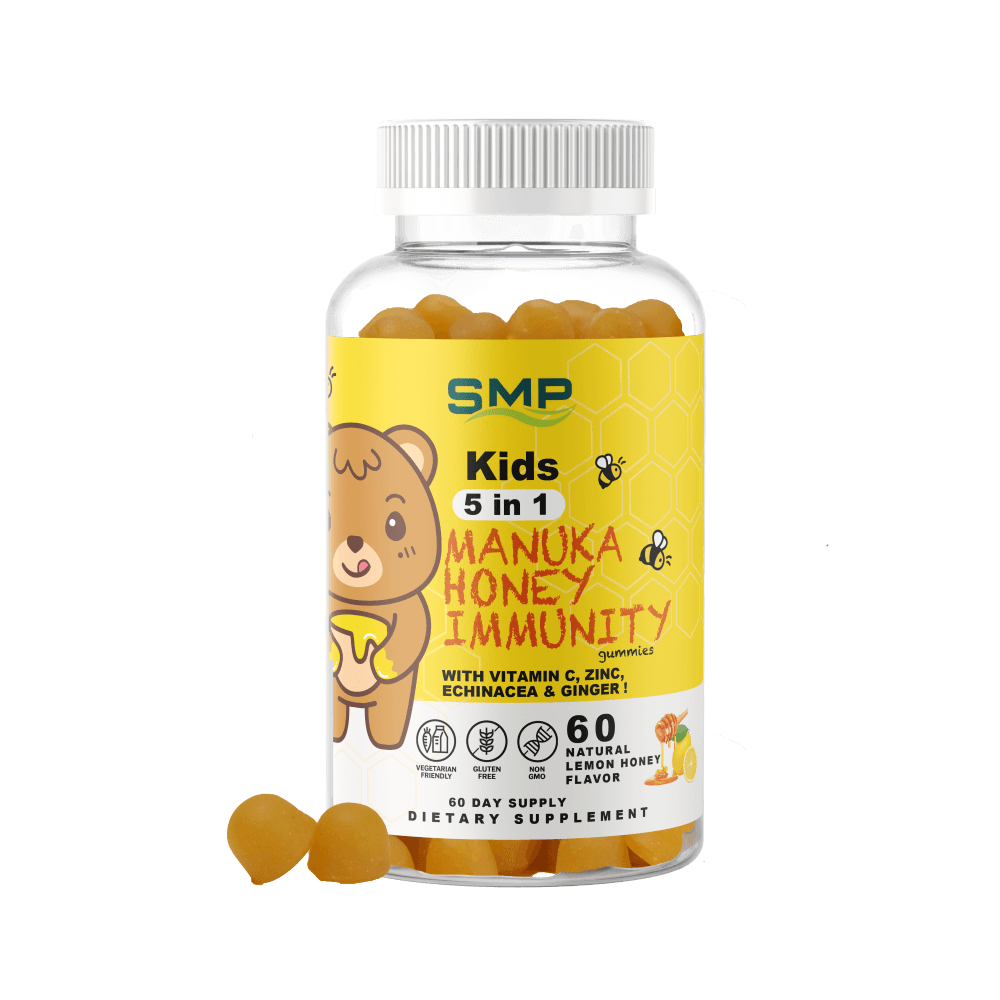 Kids 5 In 1 Manuka Honey Immunity Gummies + Vitamin C, Zinc, Echinacea & Ginger - Natural Lemon Honey Flavor & Color – Gluten Free – Non-GMO