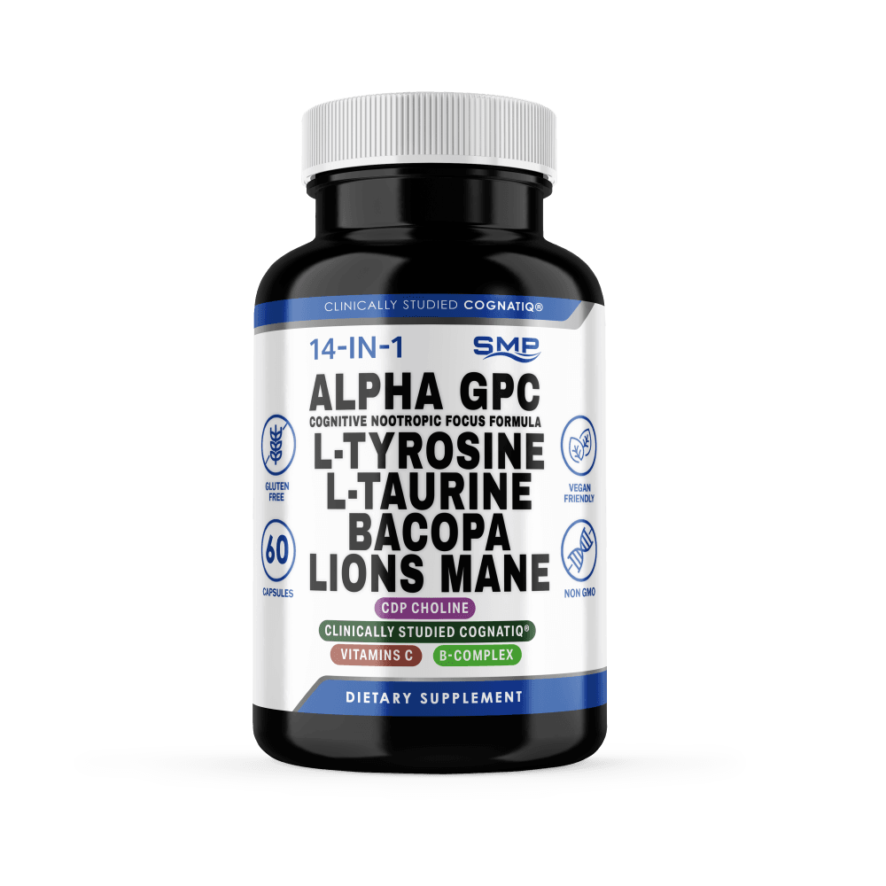 14 In 1 Alpha GPC Cognitive Nootropic Focus Formula W/ L-Tyrosine, L-Taurine, Bacopa, Lions Mane, CDP Choline, Clinically Studied Cognatiq®, Vitamins C & B-Complex - Non-GMO - Gluten Free - Vegan Friendly