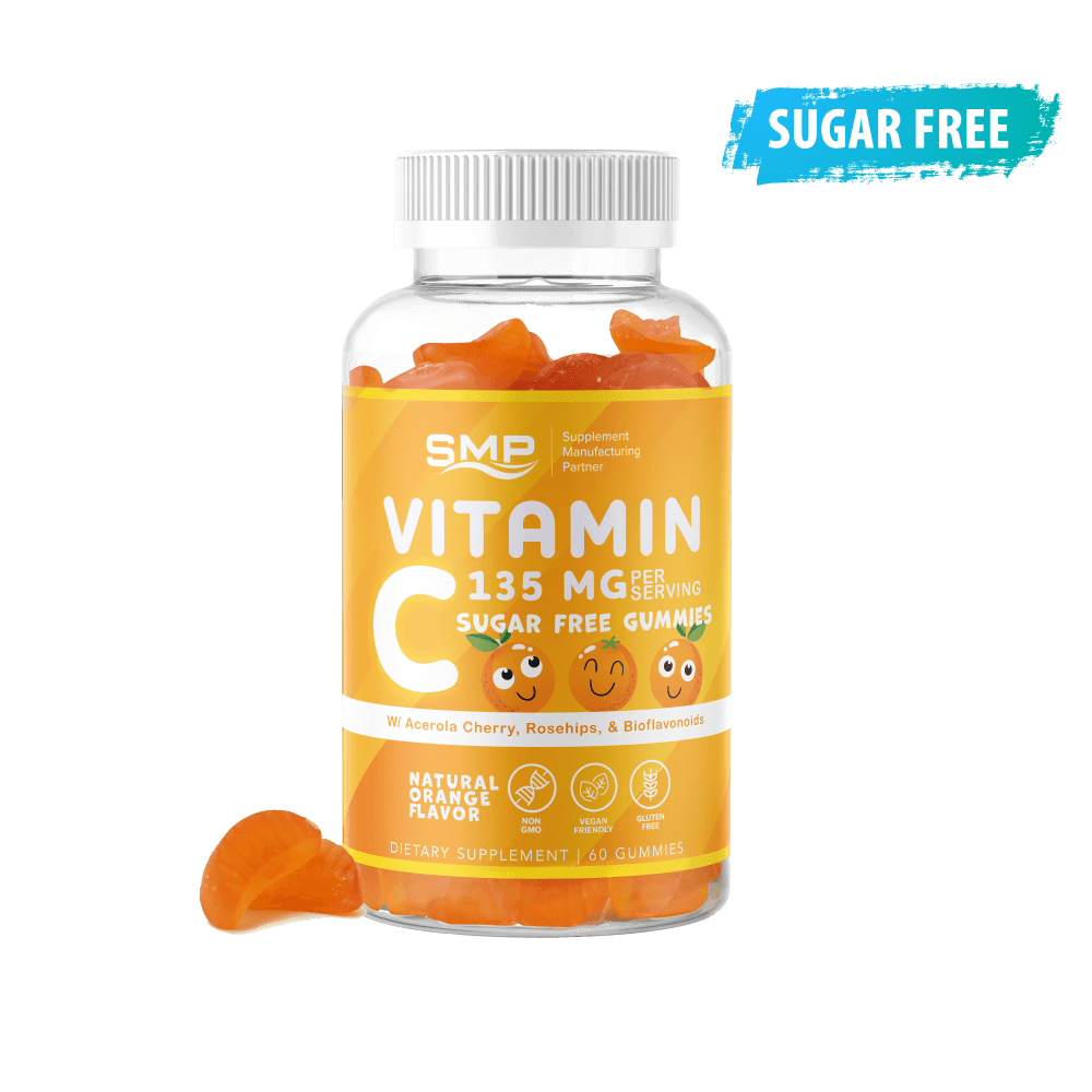 Kids Sugar Free Vitamin C 135mg Per Serving Gummies W/ Acerola Cherry, Rosehips, & Bioflavonoids – Natural Orange Flavor & Color – Non-GMO – Gluten-Free – Vegan