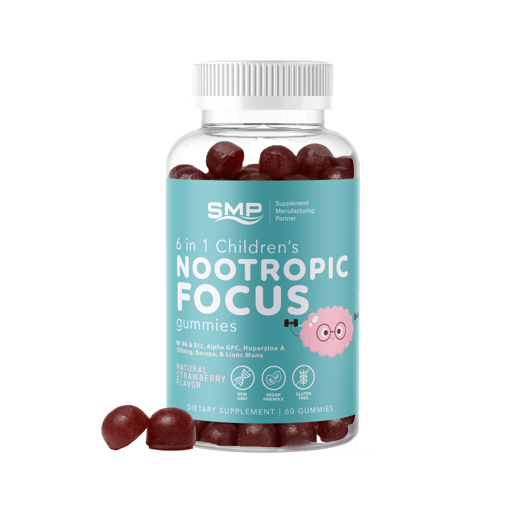 Kids 6 In 1 Nootropic Focus Gummies W/ B6 & B12, Alpha GPC, Huperzine A 100mcg, Bacopa, & Lions Mane ! – Natural Strawberry Flavor & Color – Gluten Free – Non-GMO – Vegan Friendly