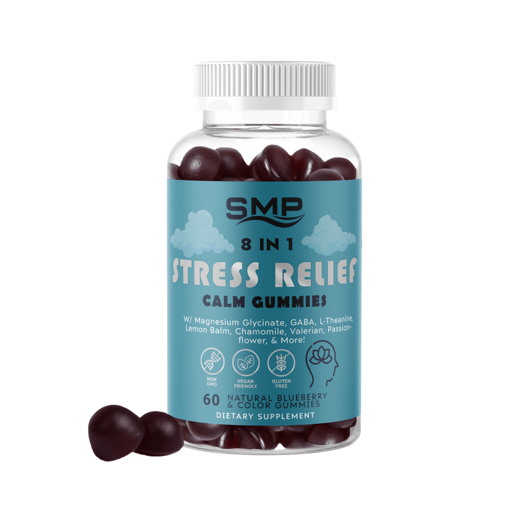 8 In 1 Stress Relief - Calm Gummies W/ Magnesium Glycinate, GABA, L-Theanine, Lemon Balm, Chamomile, Passionflower, & More! – Natural Blueberry Flavor – Gluten Free – Non-GMO – Vegan