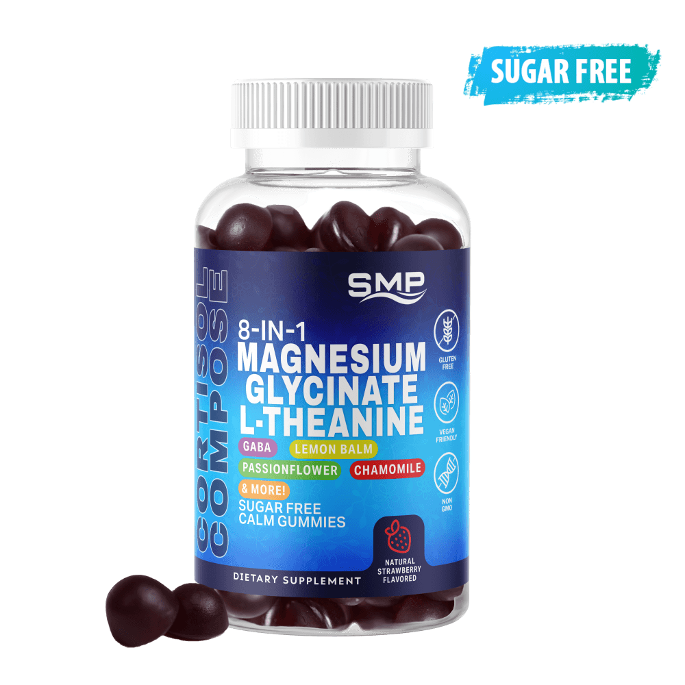 Cortisol Compose 8 In 1 Sugar Free – Calm Gummies W/ Magnesium Glycinate, GABA, L-Theanine, Lemon Balm, Chamomile, Passionflower, & More! – Natural Strawberry Flavor – Gluten Free – Non-GMO – Vegan