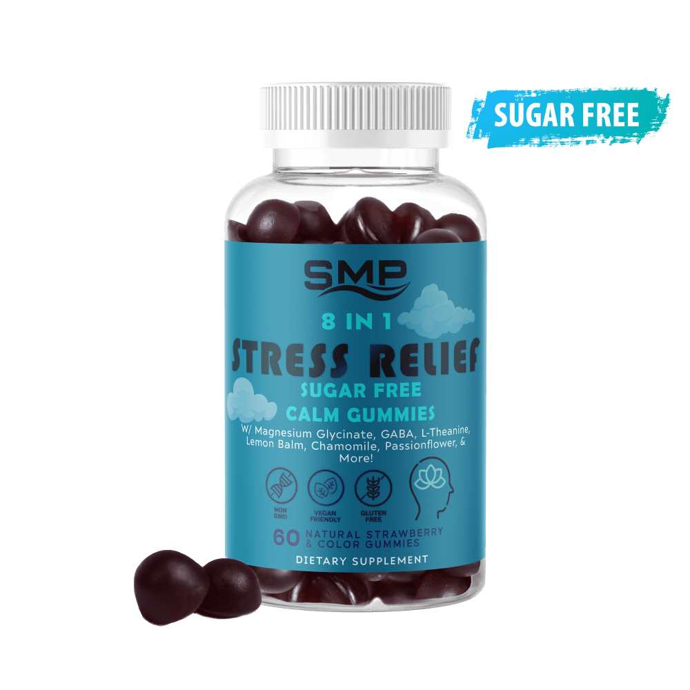 Sugar Free 8 In 1 Stress Relief - Calm Gummies W/ Magnesium Glycinate, GABA, L-Theanine, Lemon Balm, Chamomile, Passionflower, & More! – Natural Strawberry Flavor – Gluten Free – Non-GMO – Vegan