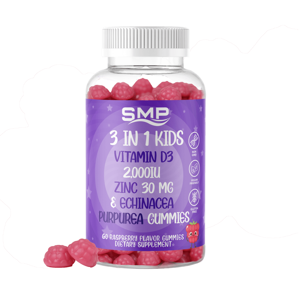 Kids 3 In 1 Gummy – Vitamin D3 1,000IU – Zinc 15mg – Echinacea Purpurea – Natural Raspberry Flavor & Color – Non-GMO – Gluten & Gelatin-Free – Vegan