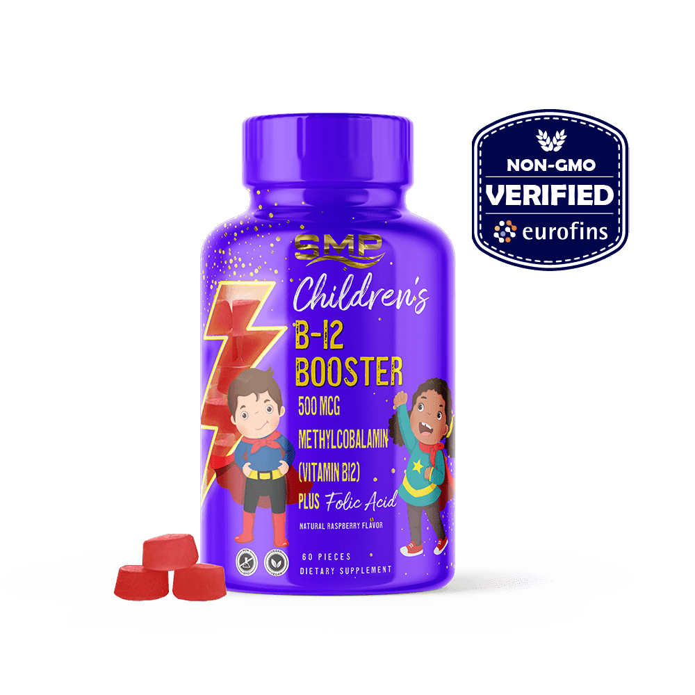 Kids B-12 Booster Gummies W/ 500mcg Methylcobalamin (Vitamin B12) + Folic Acid – Natural Raspberry Flavor – Gelatin-Free – Vegan-Friendly