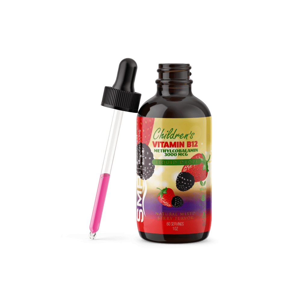 Kids Vegan Vitamin B12 Liquid Drops W/ Methylcobalamin - 3,000mcg - Natural Mixed Berry Flavor - 60 servings 1oz – Non-GMO – Gluten-Free