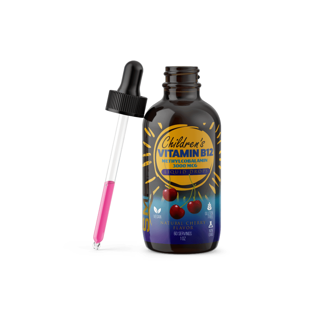 Kids Vegan Vitamin B12 Liquid Drops W/ Methylcobalamin - 3,000mcg - Natural Cherry Flavor - 60 servings 1oz – Non-GMO – Gluten-Free