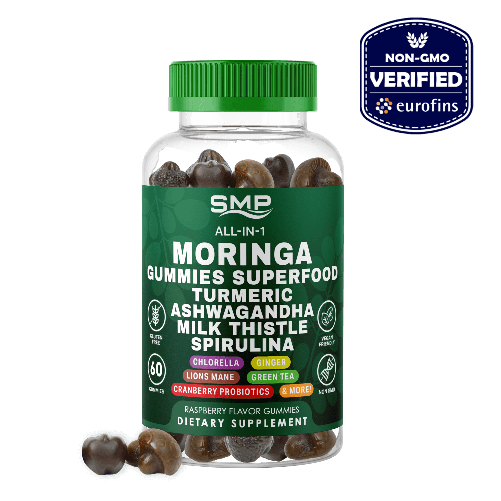 Moringa Gummies Superfood W/ Turmeric, Ashwagandha, Milk Thistle, Spirulina, Chlorella, Ginger, Lions Mane, Green Tea, Cranberry Probiotics, & More ! Non-GMO - Gluten Free - Vegan Friendly