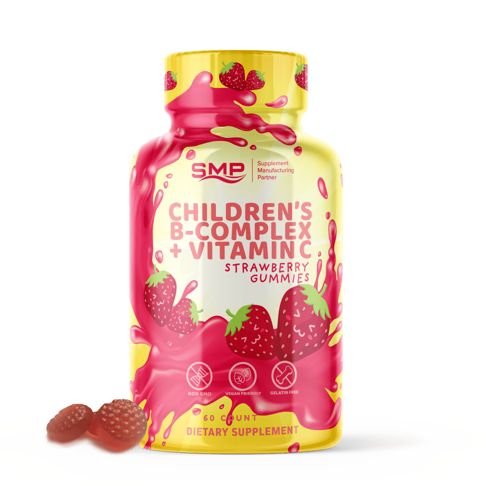 Kids 4+ B-Complex Multivitamin Gummies + Vitamin C – Natural Strawberry Flavor & Color – Button Shape – Gelatin-Free – Non-GMO – Vegan-Friendly