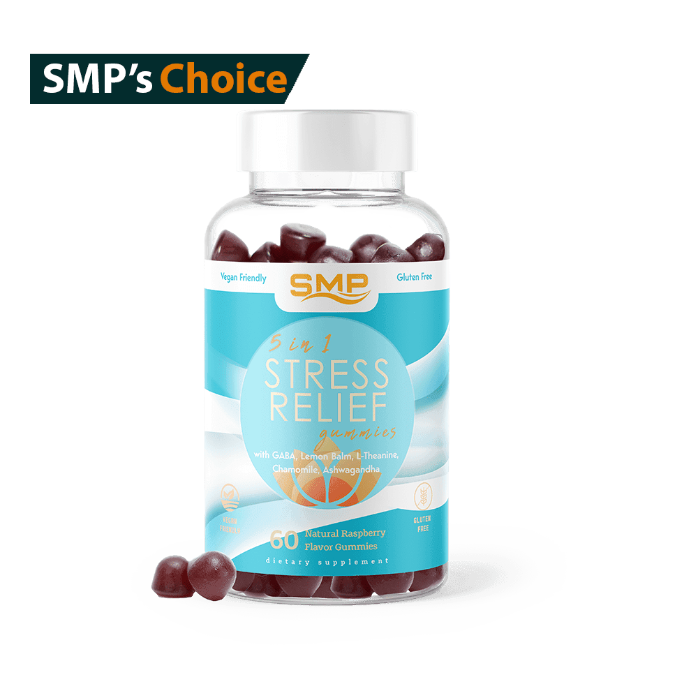 5 In 1 Stress Relief & Mental Clarity Gummy – Gaba, Lemon Balm, L-Theanine, Chamomile & Ashwagandha – Natural Raspberry Flavor – Gluten Free – Non-GMO – Vegan