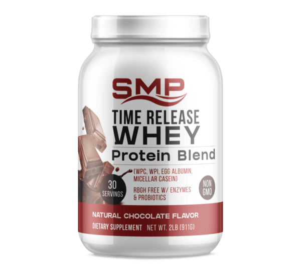 Time Release Whey Protein Blend 2 Lb (911.4 g) Bottle (WPC, WPI, Egg Albumin, Micellar Casein) rBGH Free W/ Enzymes & Probiotics – Natural Chocolate Flavor – Non-GMO