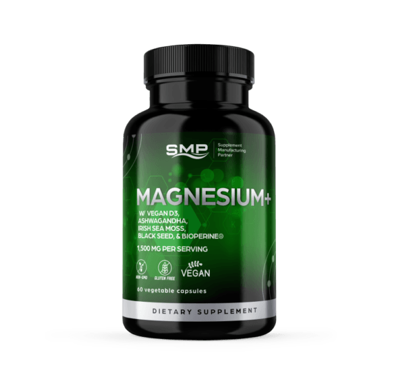 Magnesium + W/ Glycinate, Citrate, Malate 420 Mg Elemental + Vegan D3, Ashwagandha, Irish Sea Moss, Black Seed, & Bioperine® Excipient Free Vegetable Capsule – Non-GMO – Gluten-Free – Vegan