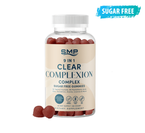 9 In 1 Sugar Free Clear Complexion Complex W/ Retinyl Acetate, B5 Pantothenic Acid, Zinc, Dandelion, Aronia, Licorice & More ! Natural Strawberry Mango