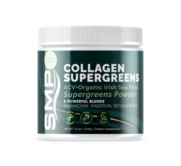 Collagen Super Greens ACV + Organic Irish Sea Moss Green Superfood Powder 210 g W/ 8 Powerful Blends (Mushrooms, Digestion, Detox & More) – Premium Quality Protein - Natural Mixed Berry Tea Flavor – Non-GMO – Gluten Free