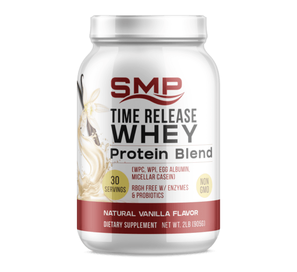 Time Release Whey Protein Blend 2 Lb (905.2 g) Bottle (WPC, WPI, Egg Albumin, Micellar Casein) rBGH Free W/ Enzymes & Probiotics – Natural Vanilla Flavor – Non-GMO