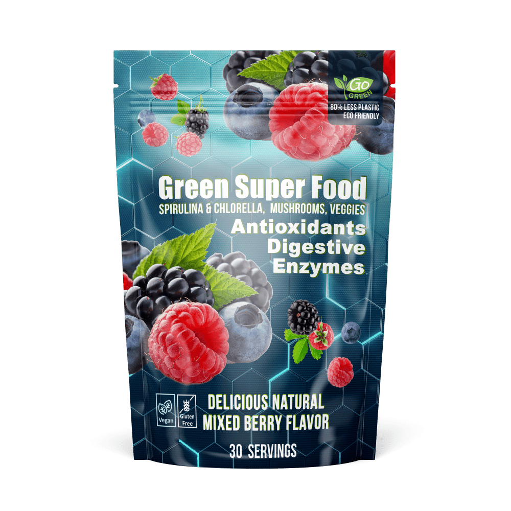 Green Super Food Powder – Spirulina & Chlorella, Antioxidants, Mushrooms, Veggies, Digestive Enzymes & Probiotics - 30 Srv. – Natural Mixed Berry Flavor - Non-GMO - Vegan Friendly
