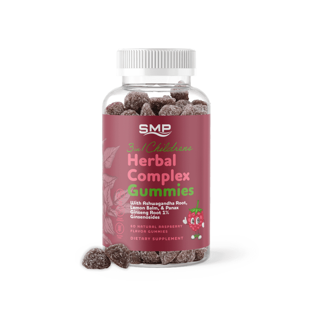 Kids 3 In 1 Herbal Complex W/ Ashwagandha Root, Lemon Balm, & Panax Ginseng Root 1% Ginsenosides – Natural Raspberry Flavor – Non-GMO – Gluten Free – Vegan