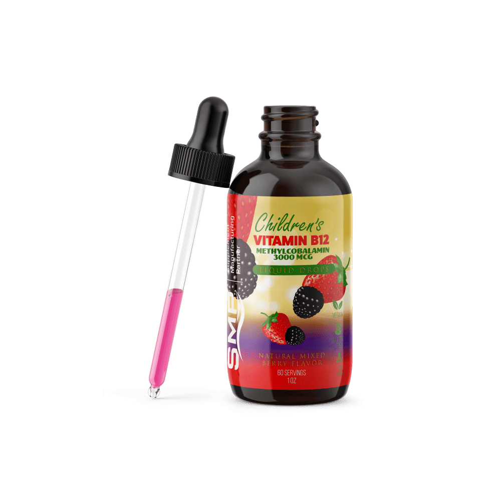 Kids Vegan Vitamin B12 Liquid Drops W/ Methylcobalamin - 3,000mcg - Natural Mixed Berry Flavor - 60 servings 1oz – Non-GMO – Gluten-Free