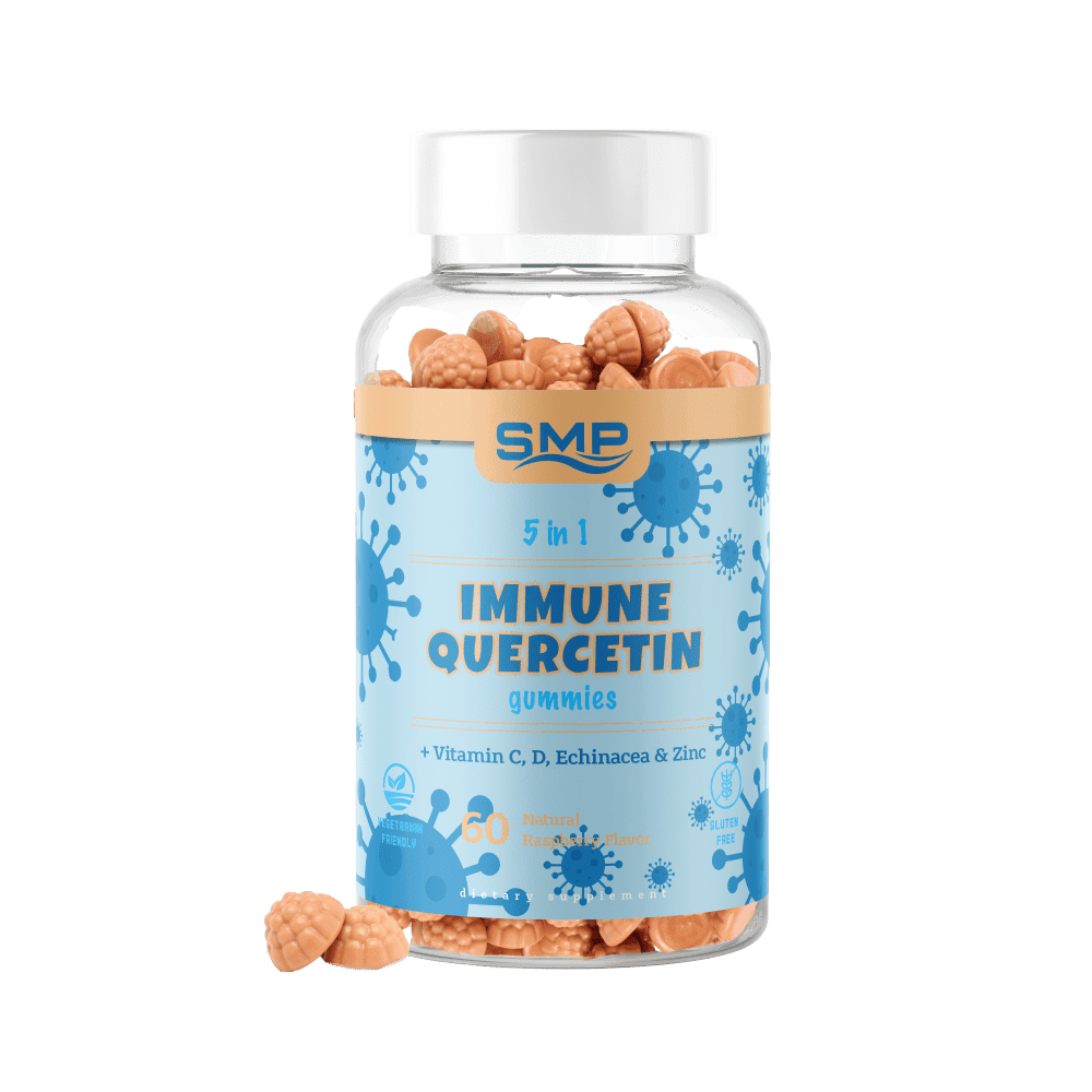 Kids 5 In 1 Immune Quercetin Gummy + Vitamin C, D, Echinacea & Zinc – Natural Raspberry Flavor – Gluten Free – Non-GMO – Vegetarian Friendly