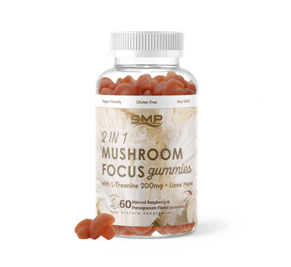 2 In 1 Mushroom Focus (2.5 g) Gummies w/ L-Theanine 200mg + Lions Mane - Natural Raspberry Pomegranate Flavor
