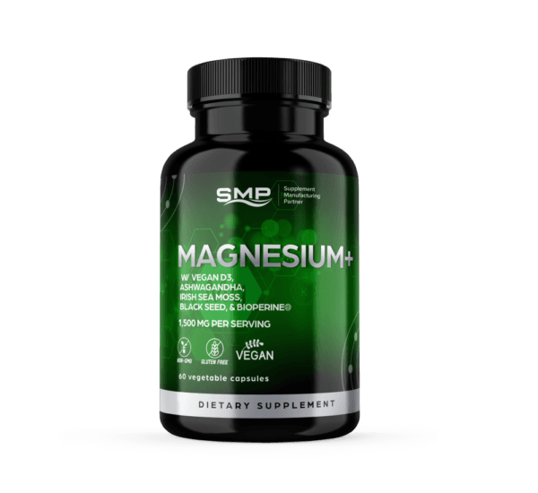 Magnesium + W/ Glycinate, Citrate, Malate 420 Mg Elemental + Vegan D3, Ashwagandha, Irish Sea Moss, Black Seed, & Bioperine® Excipient Free Vegetable Capsule – Non-GMO – Gluten-Free – Vegan