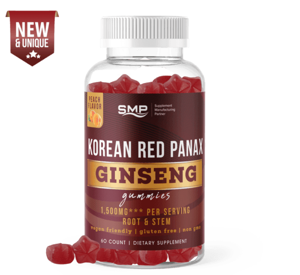 1,500mg Korean Red Panax Ginseng Root & Stem Gummy - Natural Peach Flavor - Gluten Free