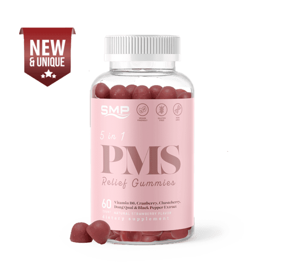 5 In 1 PMS Relief Gummy - Vitamin B6, Cranberry, Chasteberry, Black Pepper & Dong Quai - Natural Strawberry Flavor