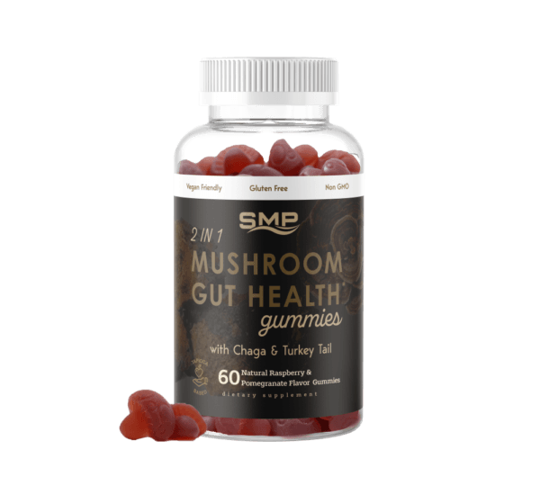 2 In 1 Mushroom Gut Health Gummies w/ Chaga & Turkey Tail – Natural Raspberry Pomegranate Flavor – Gluten Free – Non-GMO – Vegan Friendly