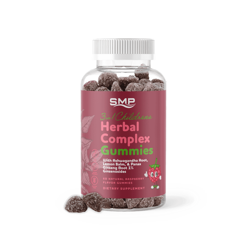 Kids 3 In 1 Herbal Complex W/ Ashwagandha Root, Lemon Balm, & Panax Ginseng Root 1% Ginsenosides – Natural Raspberry Flavor – Non-GMO – Gluten Free – Vegan