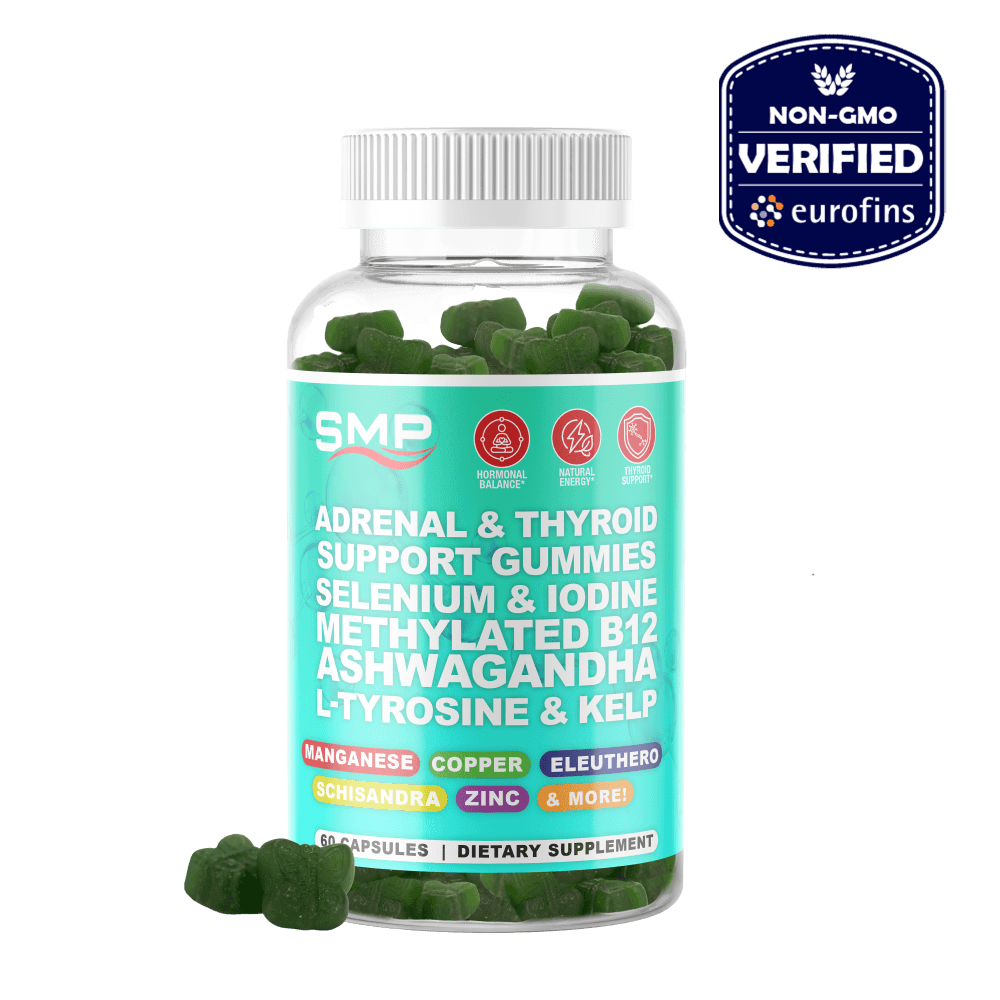 Adrenal & Thyroid Support Gummies W/ Selenium, Iodine, Methylated B12, Ashwagandha, L-Tyrosine, Kelp, Schisandra, Kelp, & More ! Non-GMO - Gluten Free - Vegan Friendly