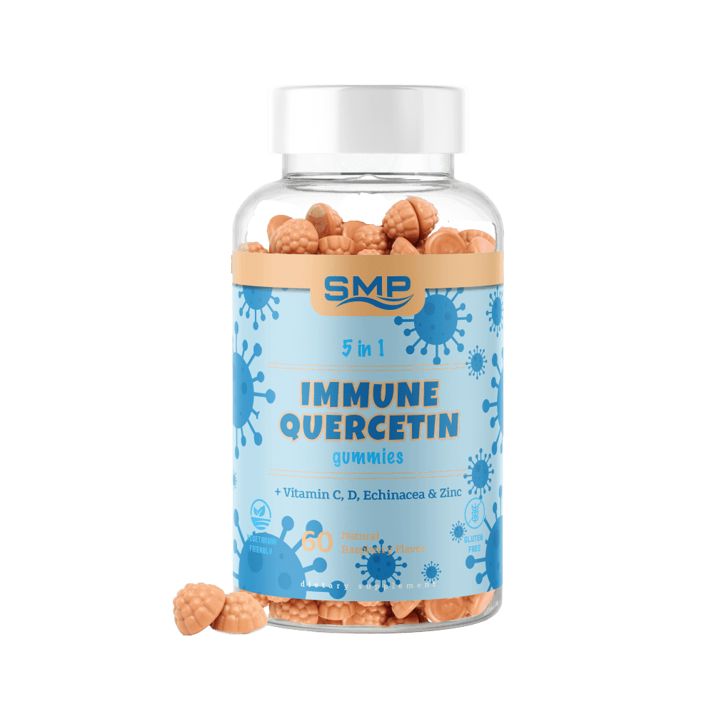 Kids 5 In 1 Immune Quercetin Gummy + Vitamin C, D, Echinacea & Zinc – Natural Raspberry Flavor – Gluten Free – Non-GMO – Vegetarian Friendly